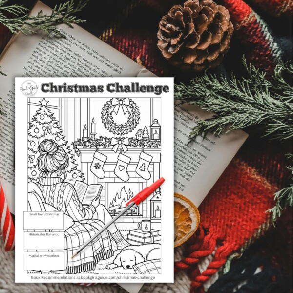 Christmas Reading Challenge printable coloring sheet with woman reading in front of fireplace