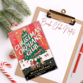 Flatlawy with a white background, pine branches in the corners, and candy canes. A cllipboard with and a red pen in the center with a paper that says Book Club Notes and a Christmas book sitting atop the clipboard