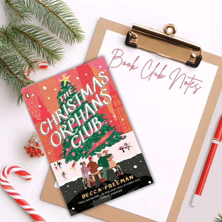 Flatlawy with a white background, pine branches in the corners, and candy canes. A cllipboard with and a red pen in the center with a paper that says Book Club Notes and a Christmas book sitting atop the clipboard