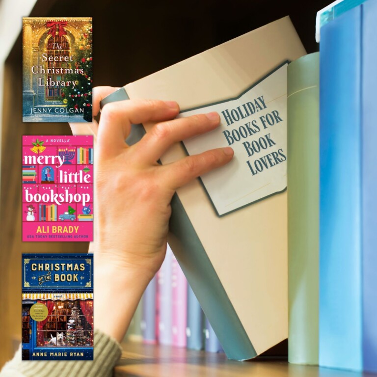 handing pulling book off shelf with three covers of holiday novels about book lovers