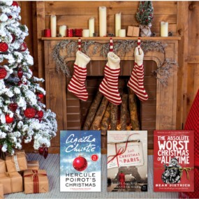 Rustic Wood wall & fireplace with christmas stockings and tree