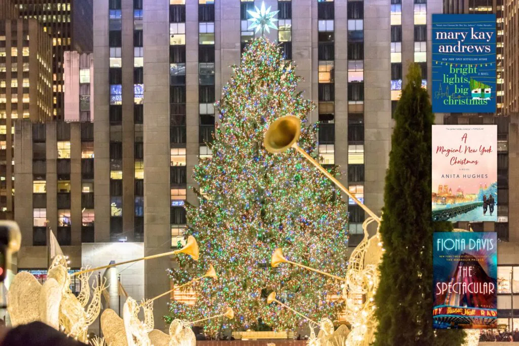 Photo of Rockefeller Christmas Tree overlaid with three Christmas book covers