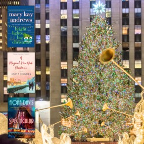 Photo of Rockefeller Christmas Tree overlaid with three Christmas book covers