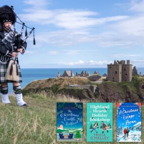 Scottish landscape and bagpiper with three book covers of Christmas books set in Scotland