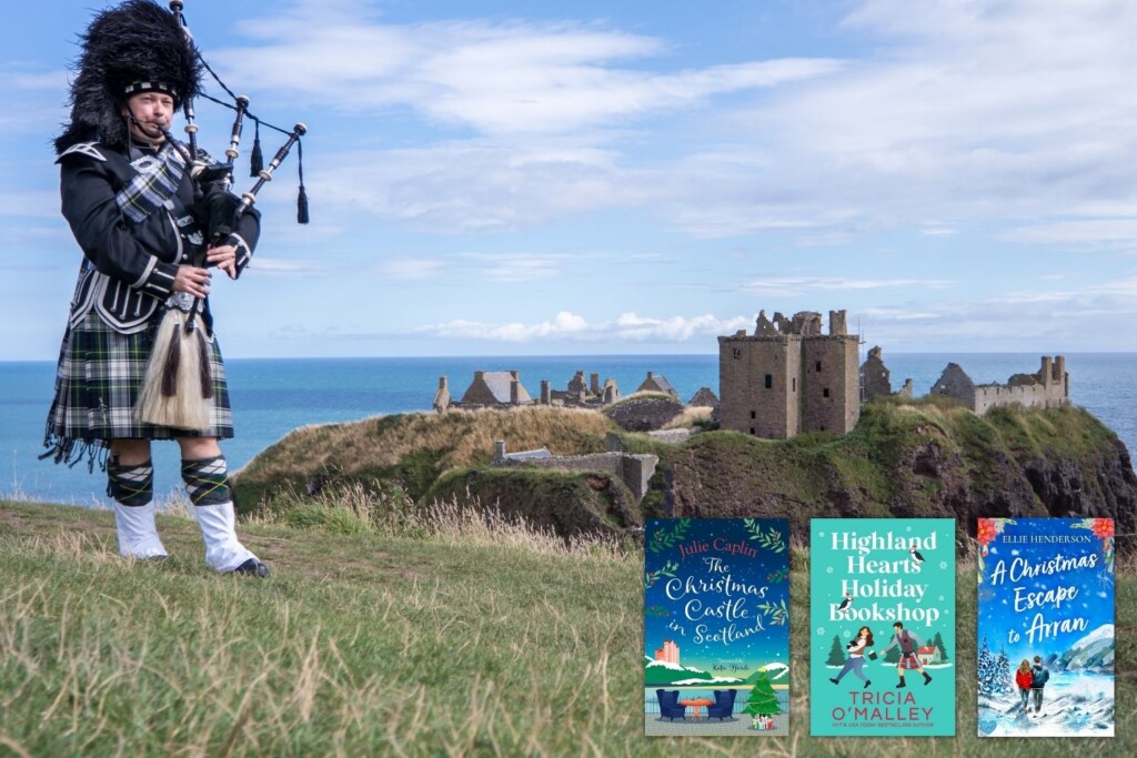 Scottish landscape and bagpiper with three book covers of Christmas books set in Scotland