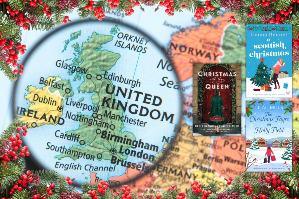 map of the UK with christmas garland and books