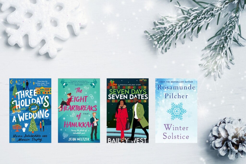 Snowy winter flatlay with four book covers of diverse winter holiday books including Kwanzaa, Hanukahh, and Winter Solstice