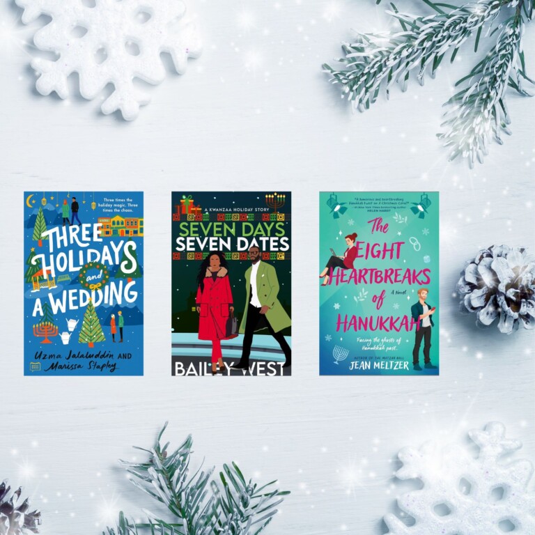 Snowy winter flatlay with four book covers of diverse winter holiday books including Kwanzaa, Hanukahh, and Winter Solstice