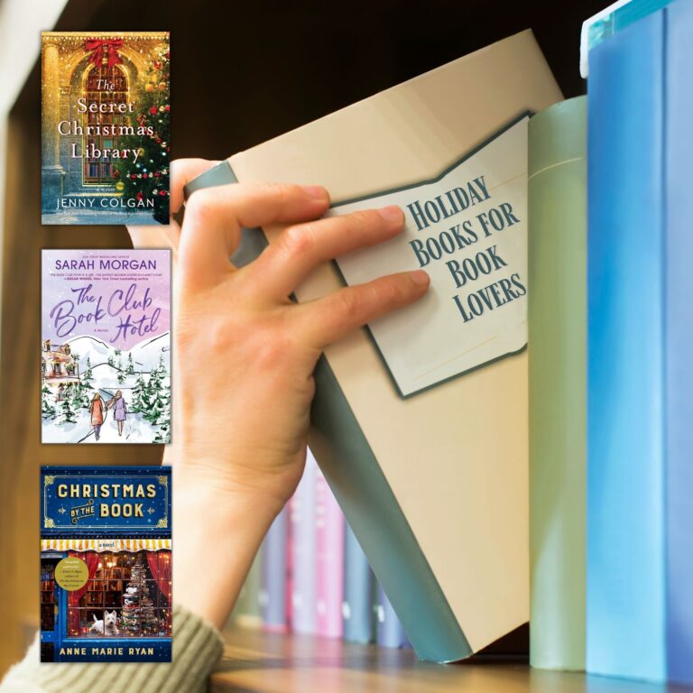 Hand pulling book off shelf with title of Holiday Books For Book Lovers