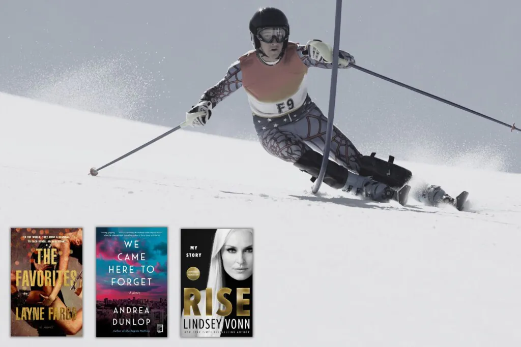 Downhill skier with 3 books about winter olympic sports