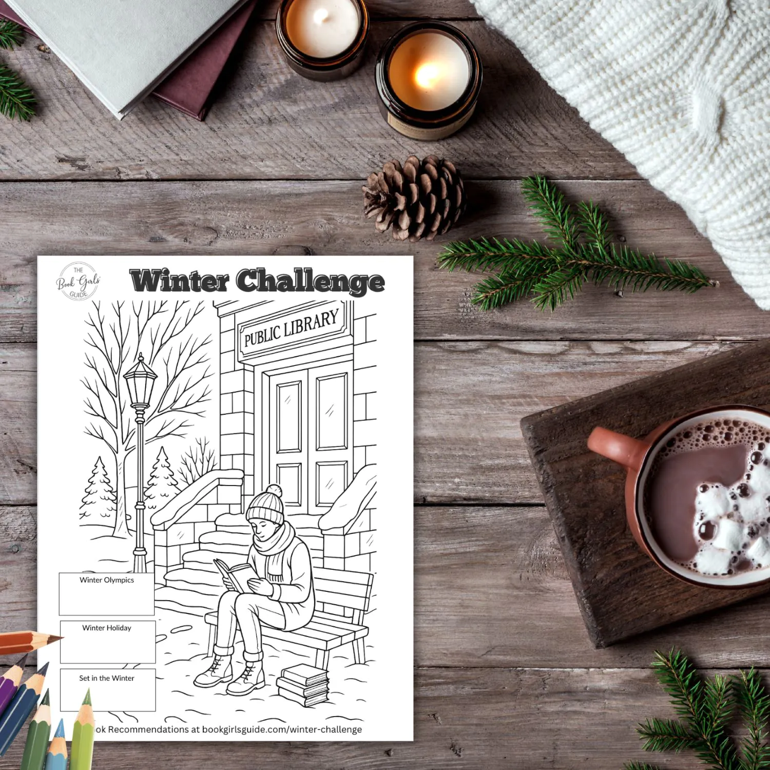 Winter tabletop with image of printable coloring sheet from the Winter Reading Challenge