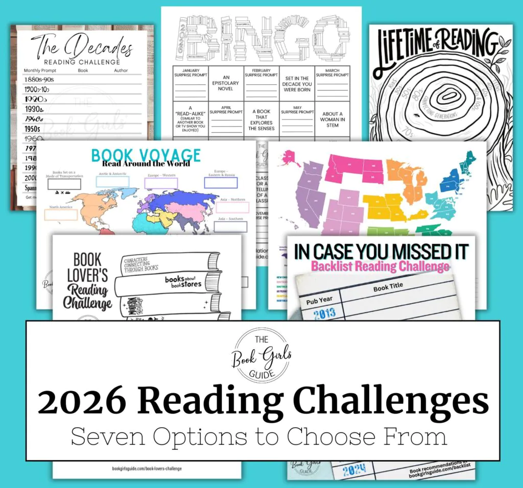 Teal background with seven reading tracker pages for the Book Girls' Guide yearlong reading challenges