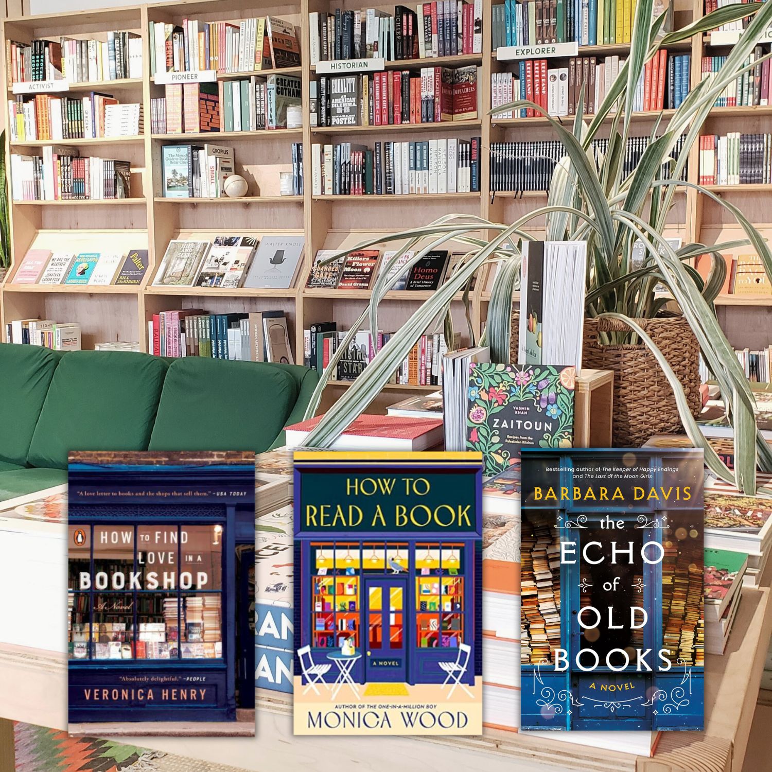 Bookstore shelves with 3 books about book covers