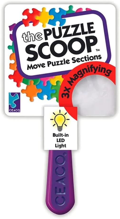 Product packaging for a LED magnifying puzzle scoop
