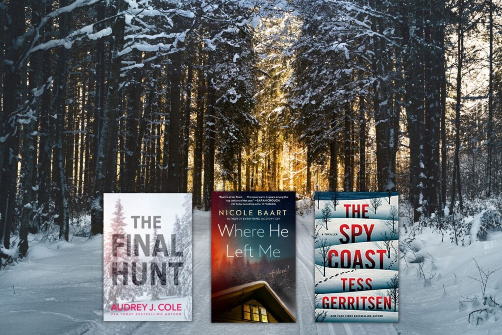 Snowy treeline road at dusk with 3 book covers representing the best winter thrillers