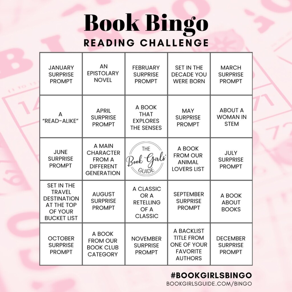 Square Social Sharing Template for Book Bingo with pink bingo card background