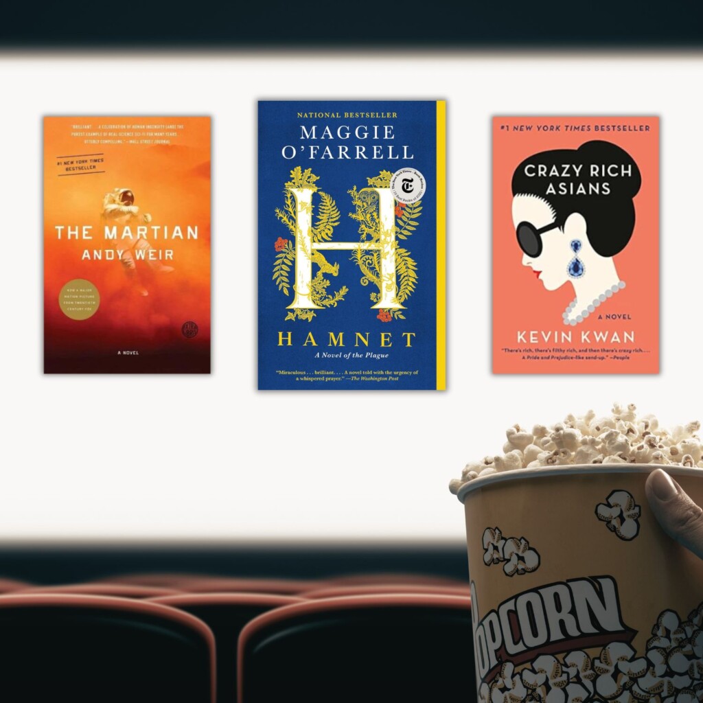 Movie screen with three book covers that have been made into movies