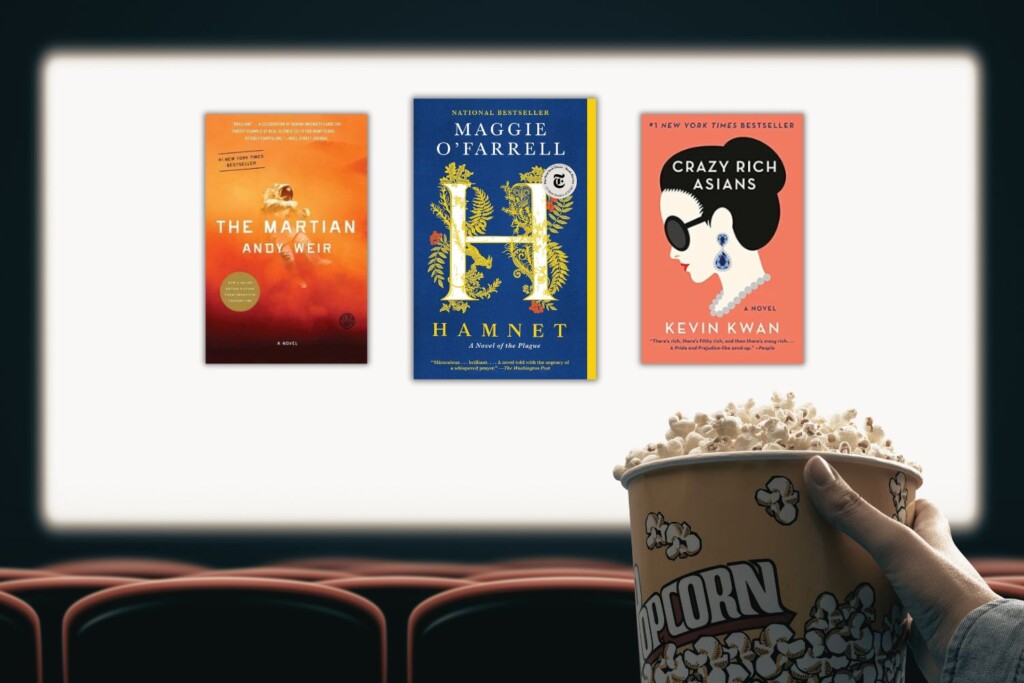 Movie screen with three book covers that have been made into movies