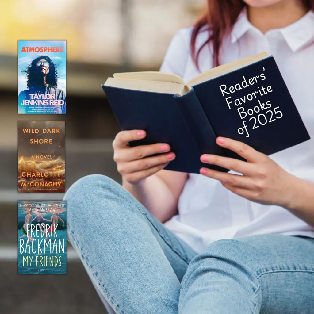 Girl holding a book with faux title of Readers' Favorite Books of 2025