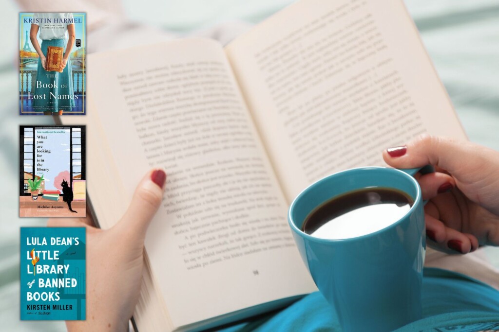 Open book with teal coffee cup and three book covers