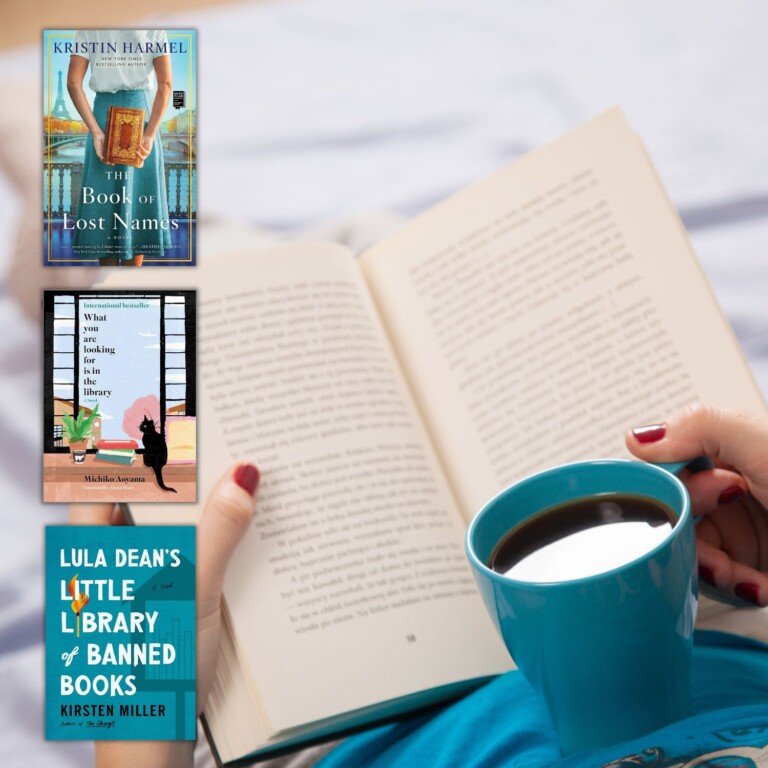 Open book with teal coffee cup and three book covers