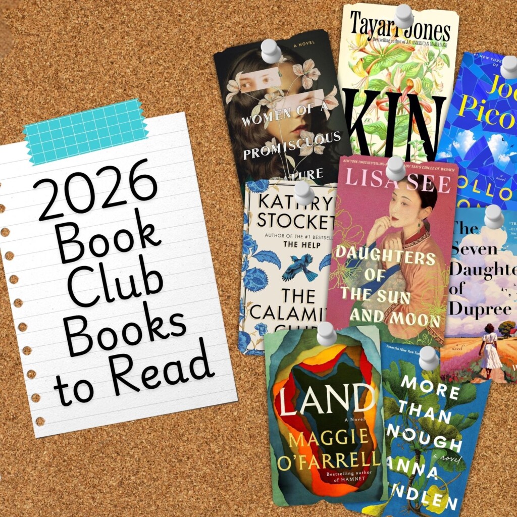 Cork board with 2026 book club book covers