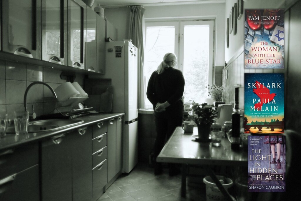 Black and White photo of woman from behind looking out her vintage kitchen window with 3 book covers overlaid