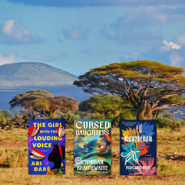 photo of African landscape with 3 book covers of books set in Africa