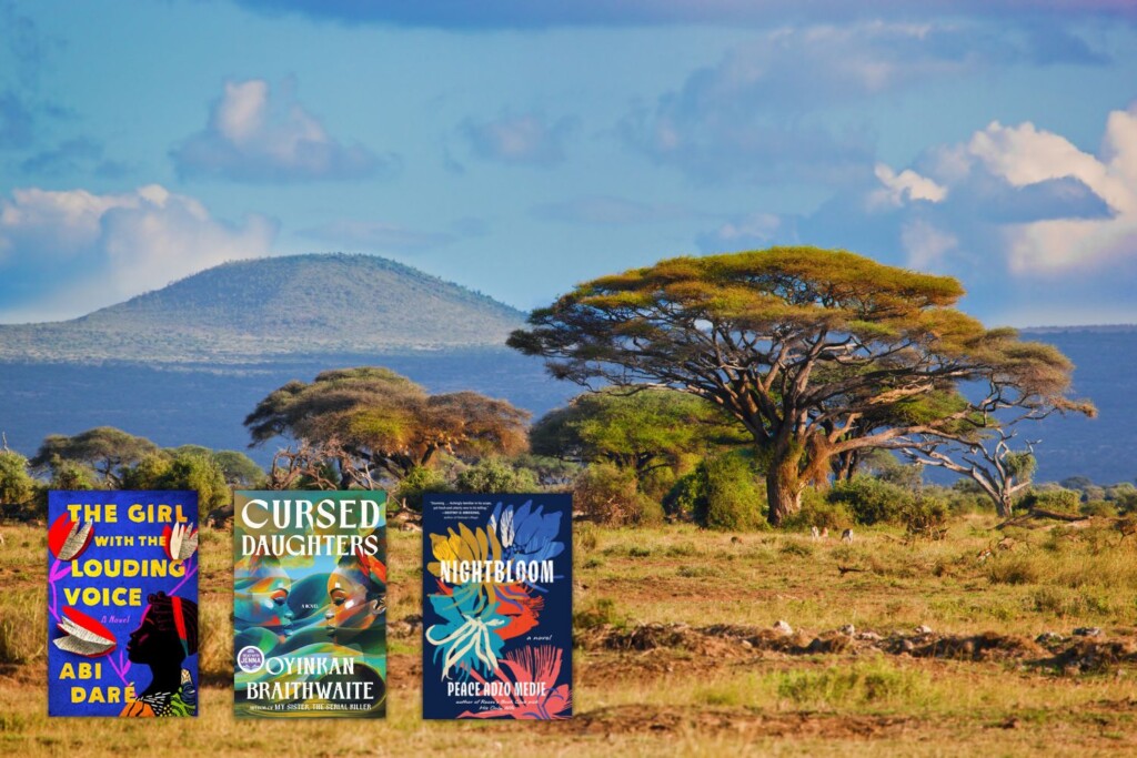 photo of African landscape with 3 book covers of books set in Africa