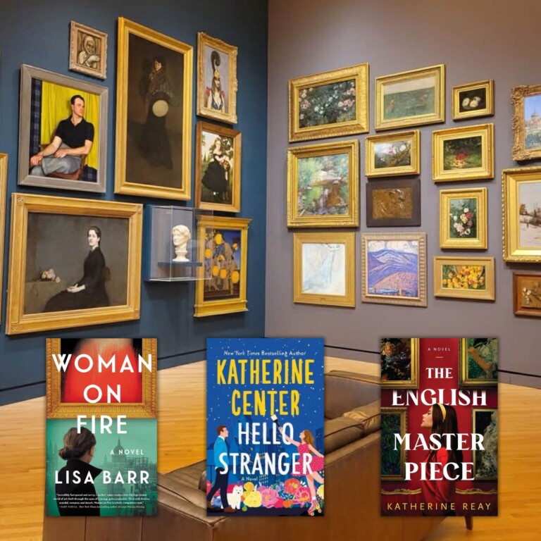 Paintings on the walls of a gallery at the Crystal Bridges museum in Arkansas overlaid with covers of three novels about art and artists