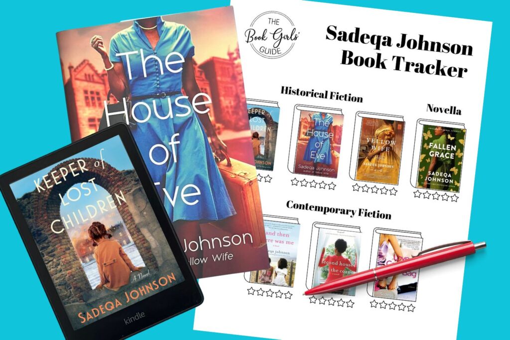 Kindle with Keeper of Lost Children, The House of Eve book, and a printable book tracker with all of Sadeqa Johnson's books
