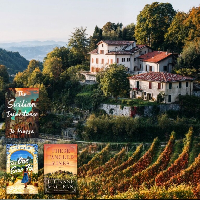 Italian vineyard in a hill town with 3 book covers