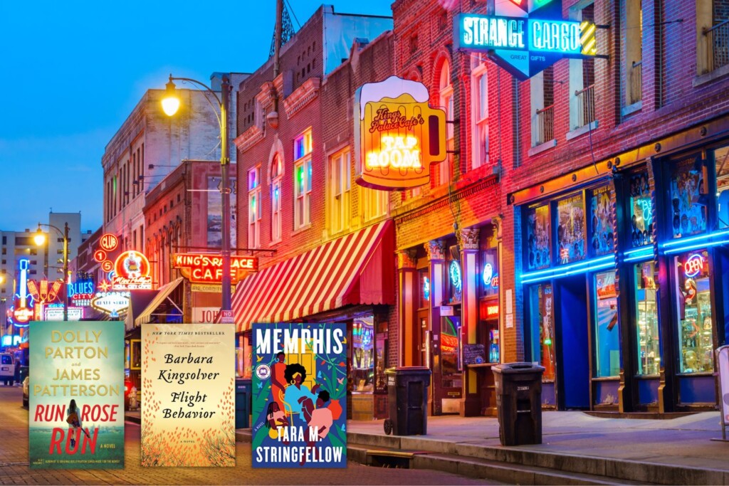 A photo of neon lights on Beale Street in Memphis and three book covers of books set in Tennessee.