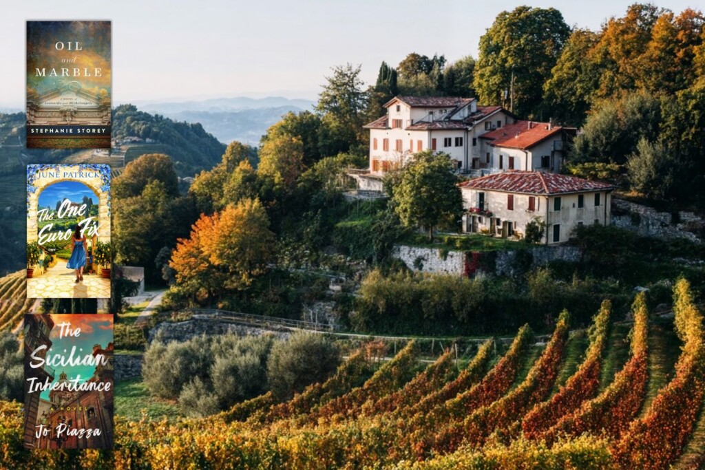 Italian vineyard in a hill town with 3 book covers