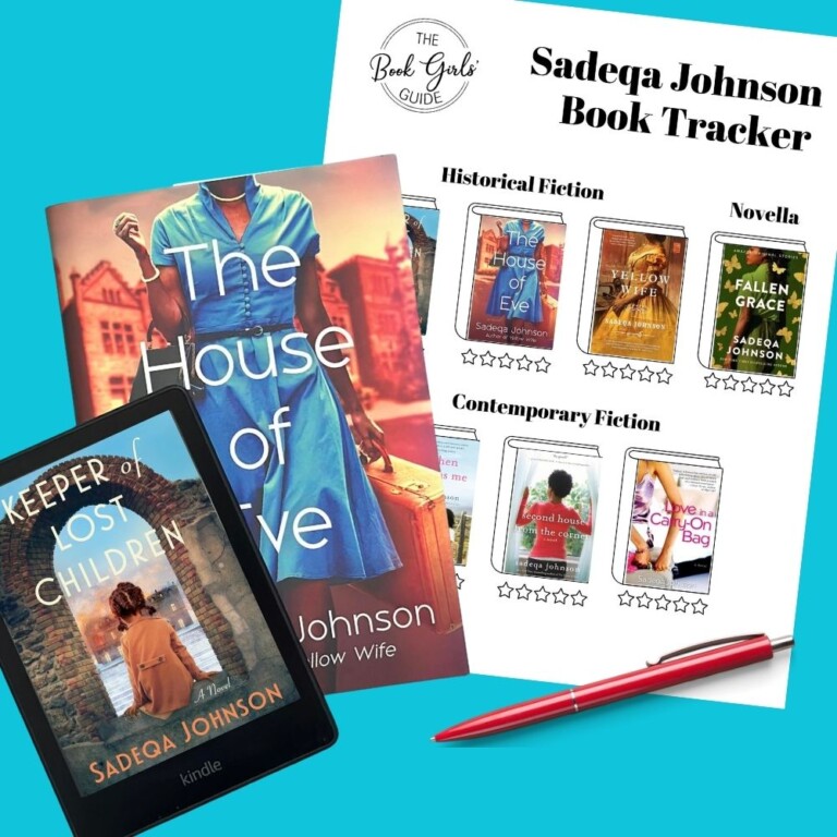 Kindle with Keeper of Lost Children, The House of Eve book, and a printable book tracker with all of Sadeqa Johnson's books