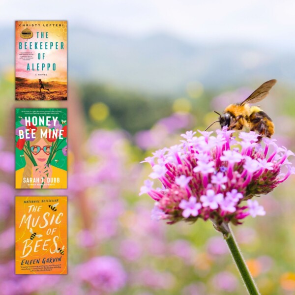 bees on a purple flower with three bee-themed book covers overlayed.
