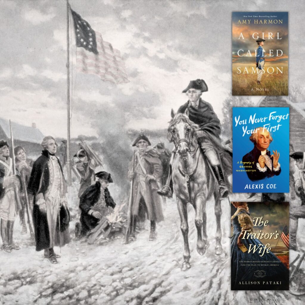 Black and white pencil drawing of George Washington in the Revolutionary War with three book covers of books about the founding of the United States