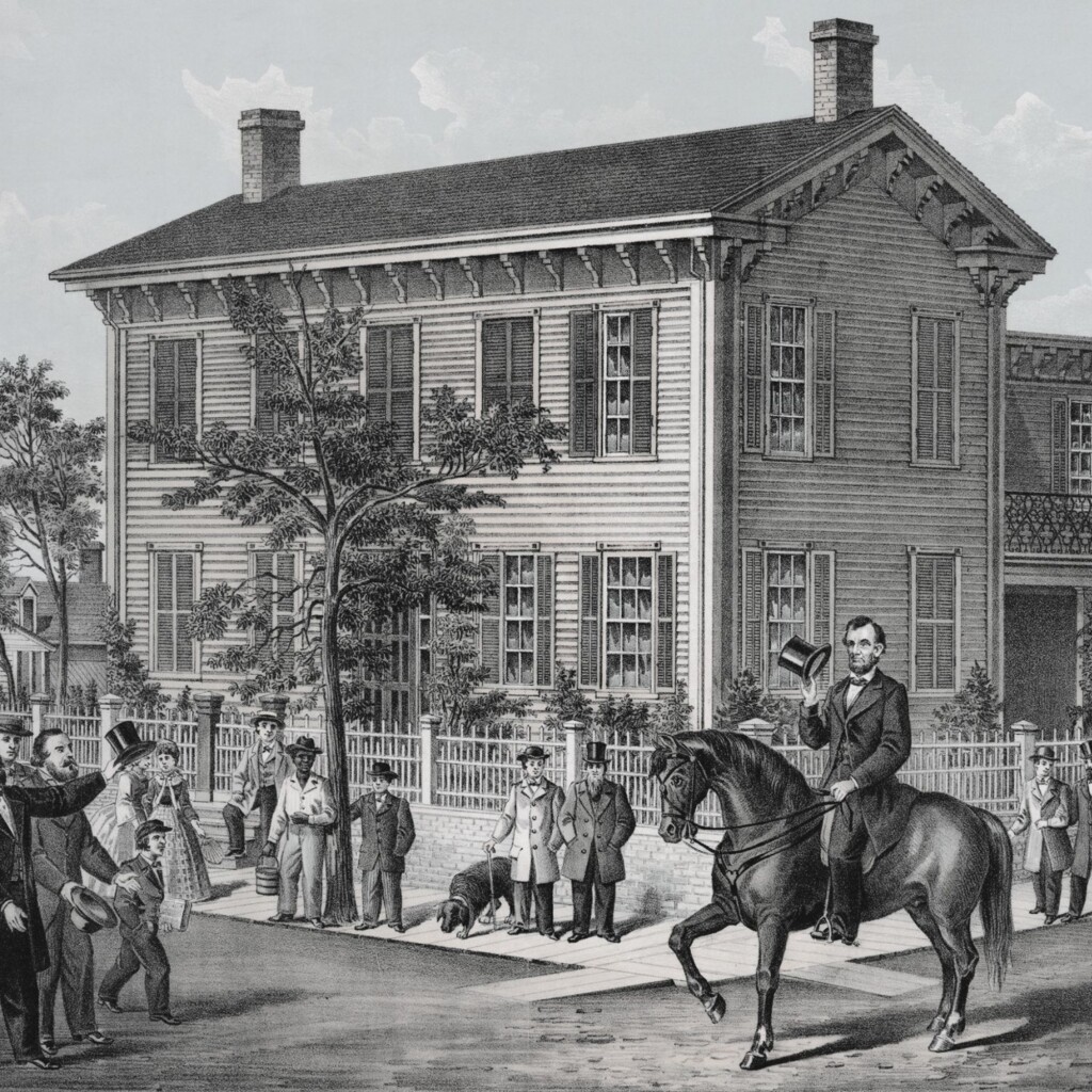 Black and White Etching of Lincoln on Horseback