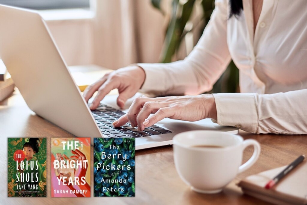 Woman typing on laptop with coffee and three books by debut authors