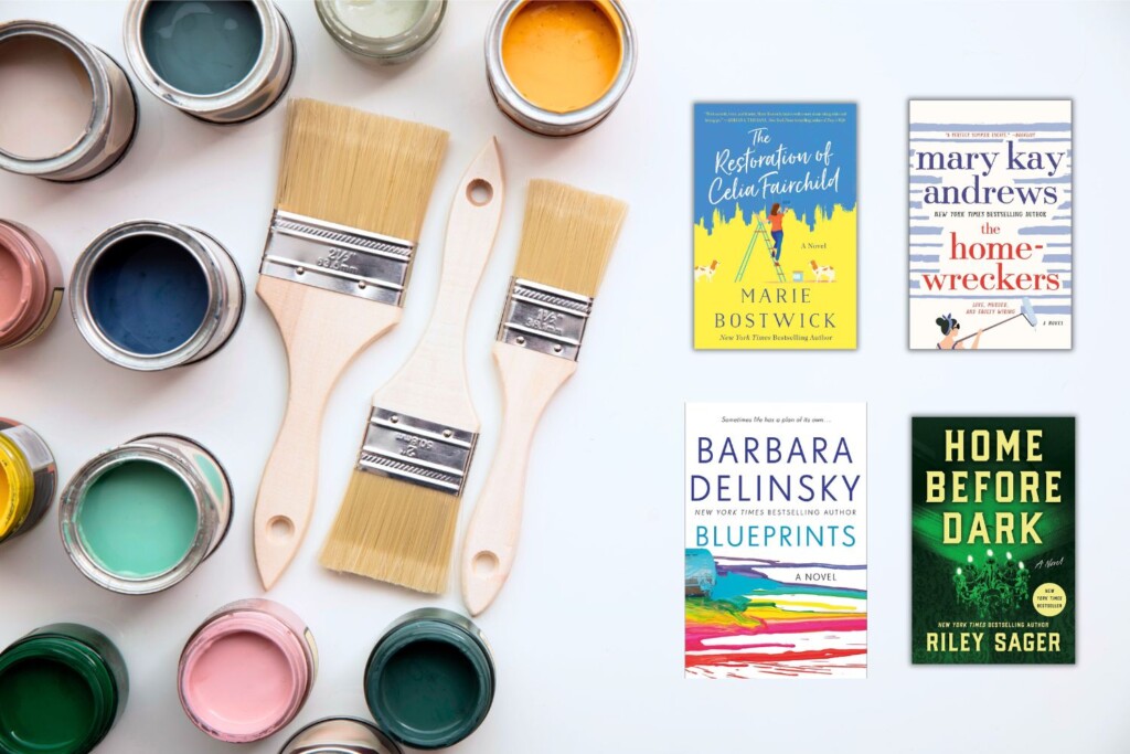 Photo of open paint cans and paint brushes with four covers of books about home renovation