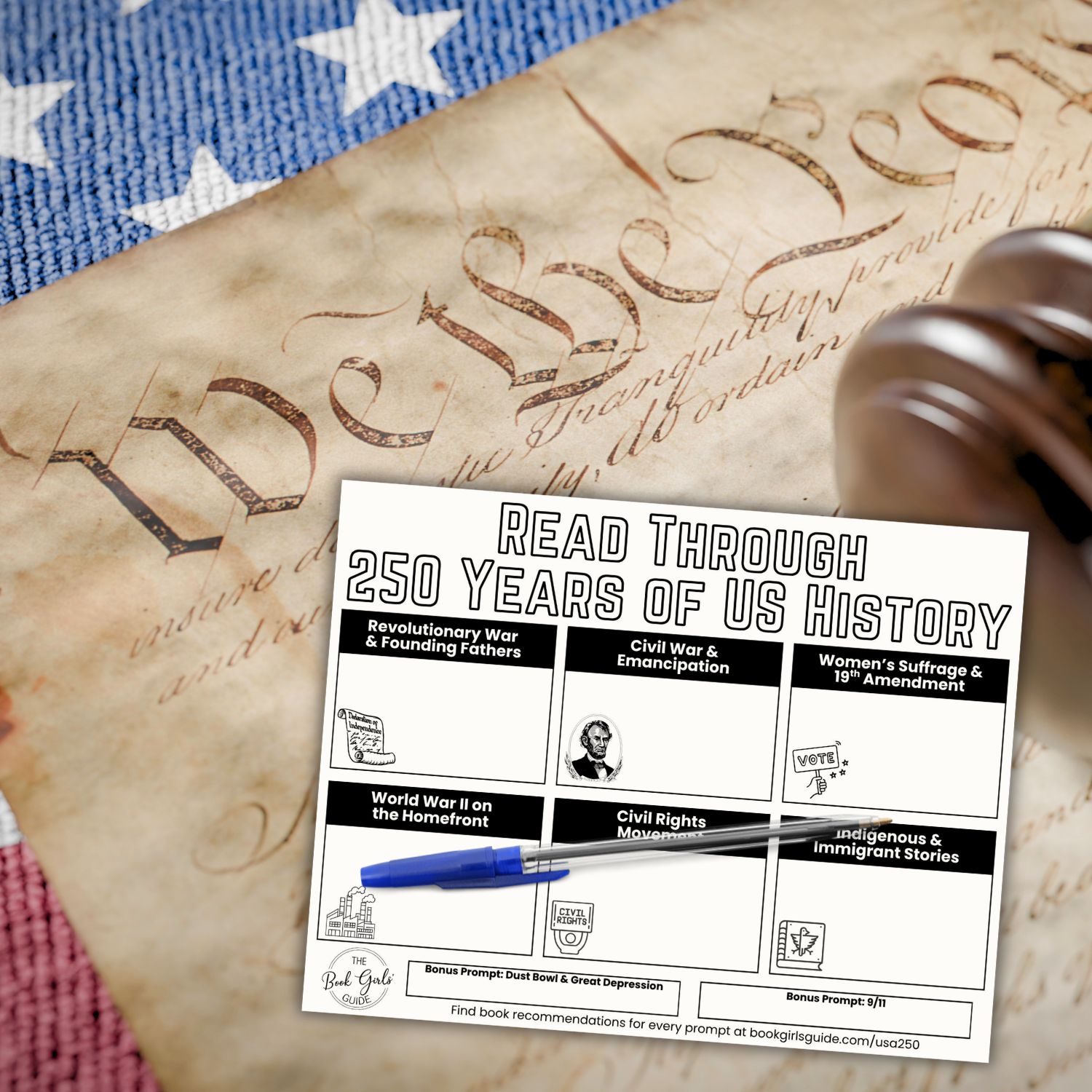 Constitution and US Flag with US History Reading Challenge printable