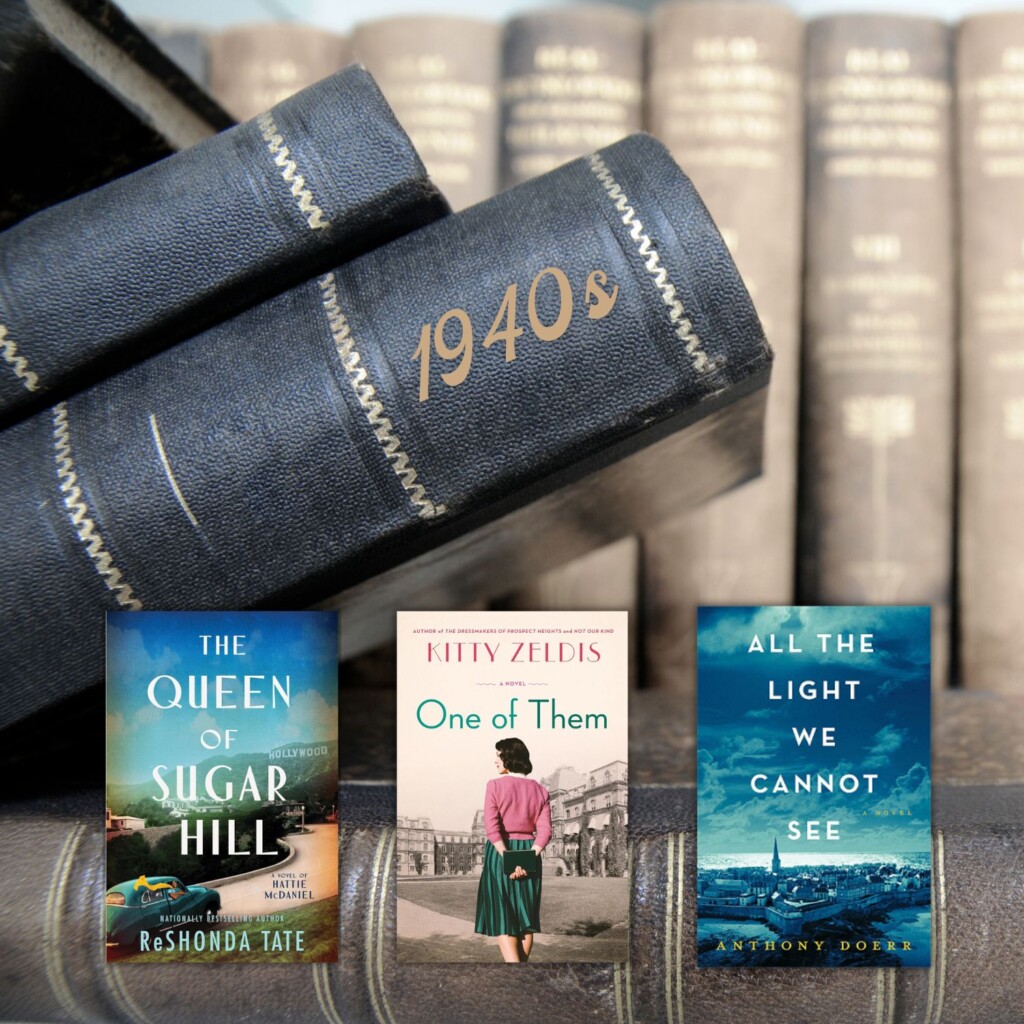 Stack of old books in the background with three historical fiction book covers in the front