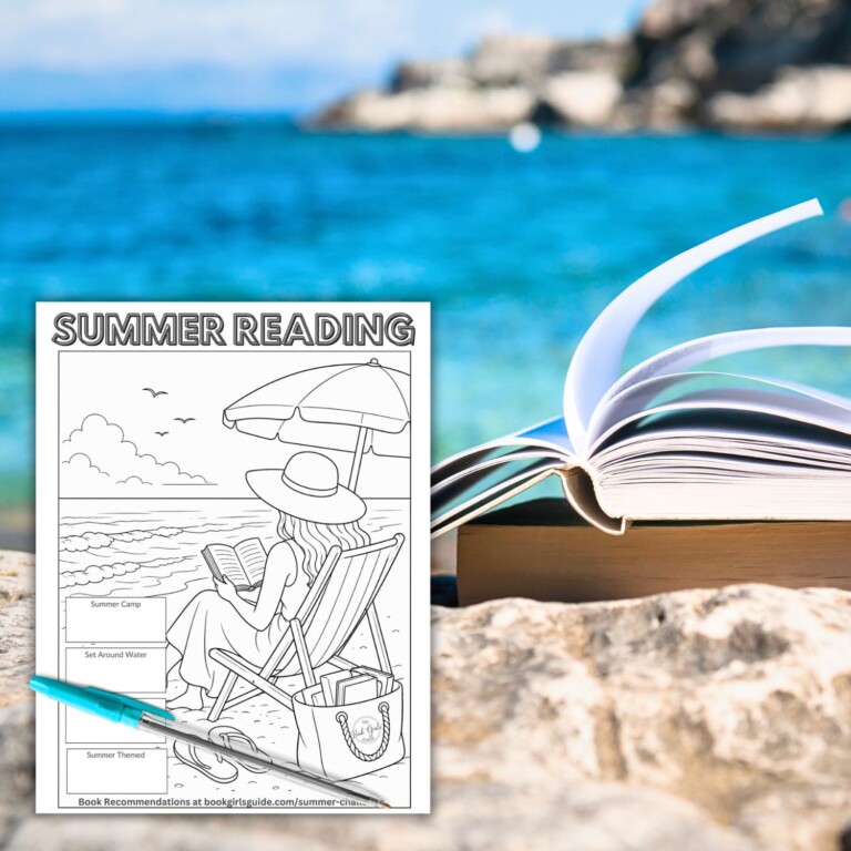 Beach view with book and summer reading challenge for adults coloring sheet
