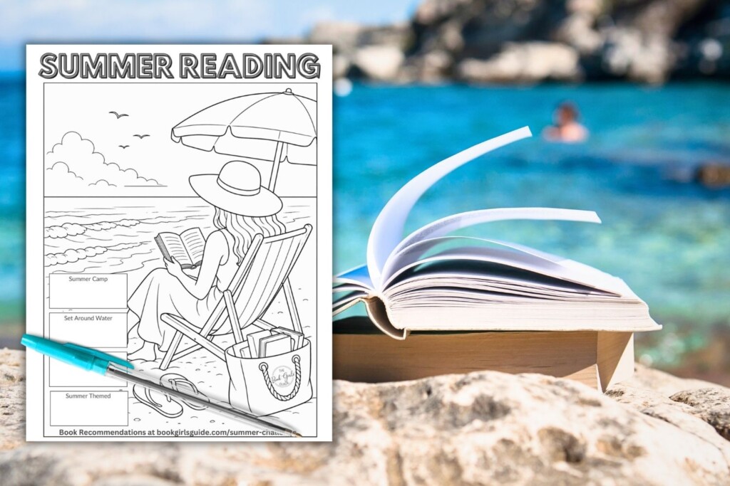 Beach view with book and summer reading challenge for adults coloring sheet