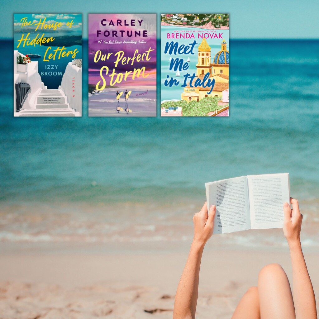 Photo of arms holding up open book in front of the beach and ocean