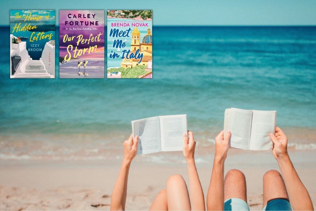 Photo of arms holding up open book in front of the beach and ocean