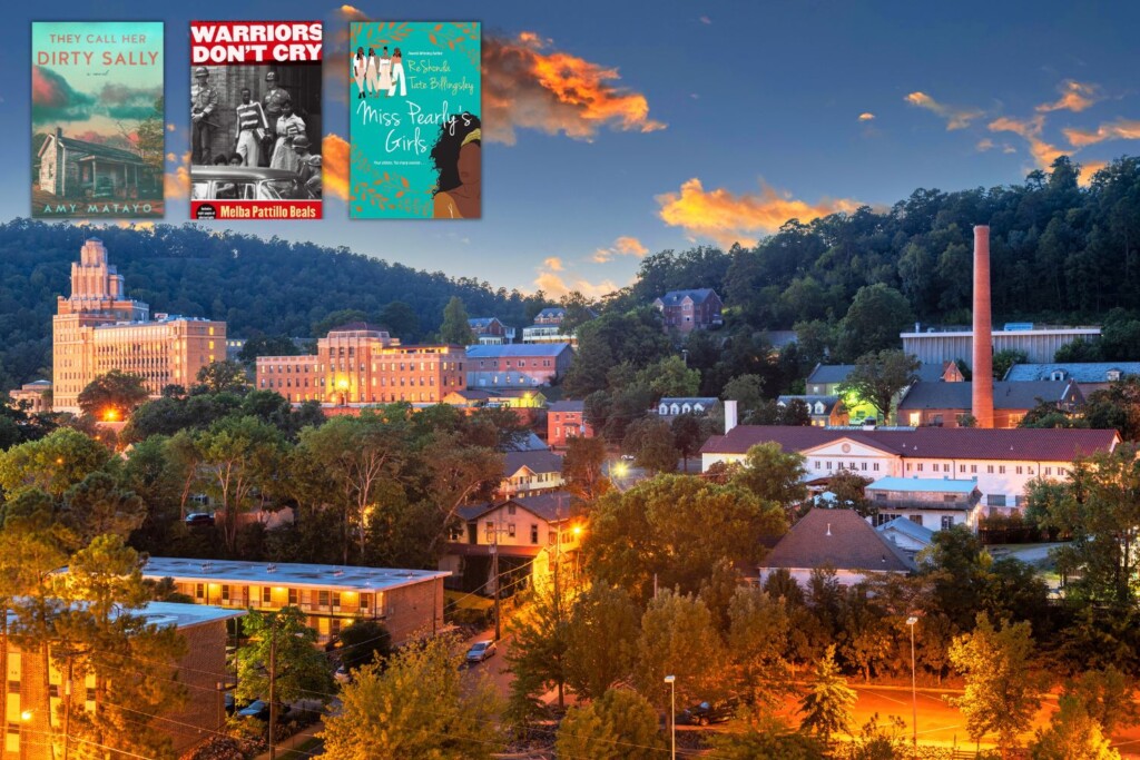 Square photo of Hot Springs, Arkansas at dusk with the covers of three books set in Arkansas