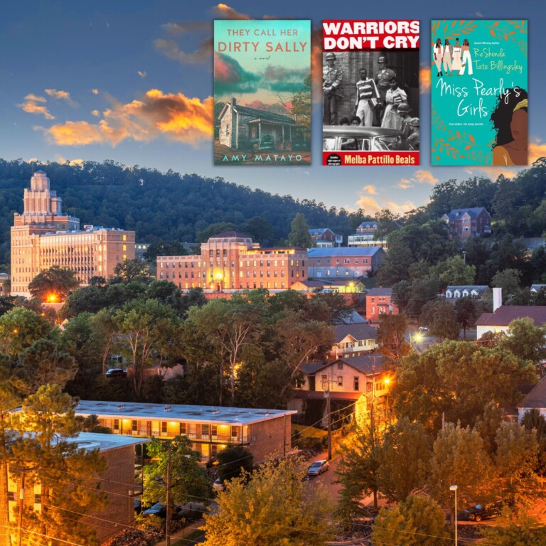 Square photo of Hot Springs, Arkansas at dusk with the covers of three books set in Arkansas