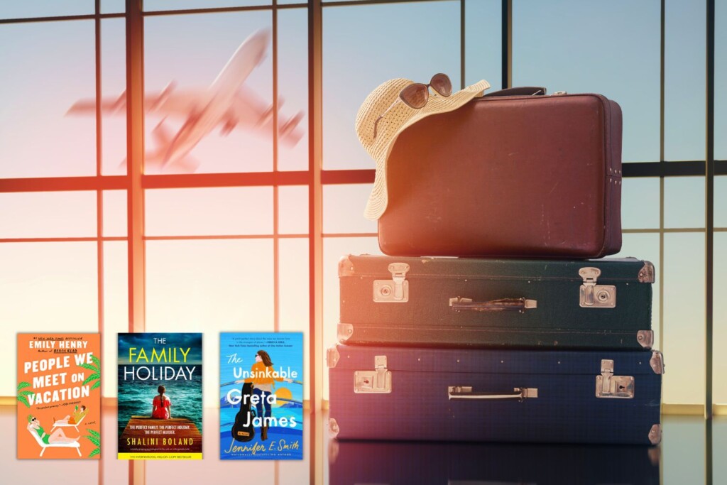 Photo of vintage luggage sitting in front of an airport window overlaid with the covers of three books about characters on vacation