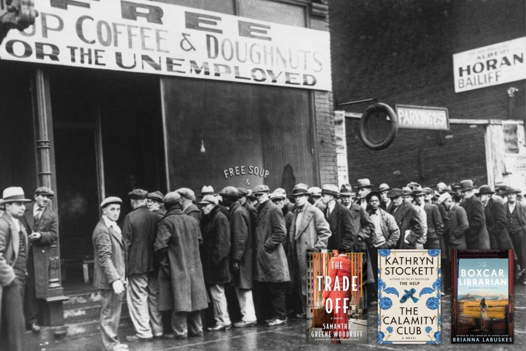 Coffee & Doughnut unemployment line photo from Depression with 3 book covers